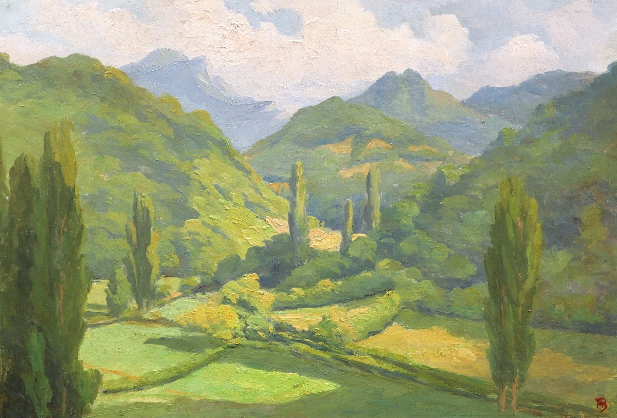 Attribué à Marcel BACH, Deux paysages : paysage montagneux et paysage de campagne (double face)
