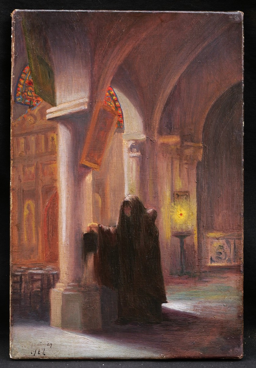 French School, Early 20th Century, Monk In A Church-photo-4