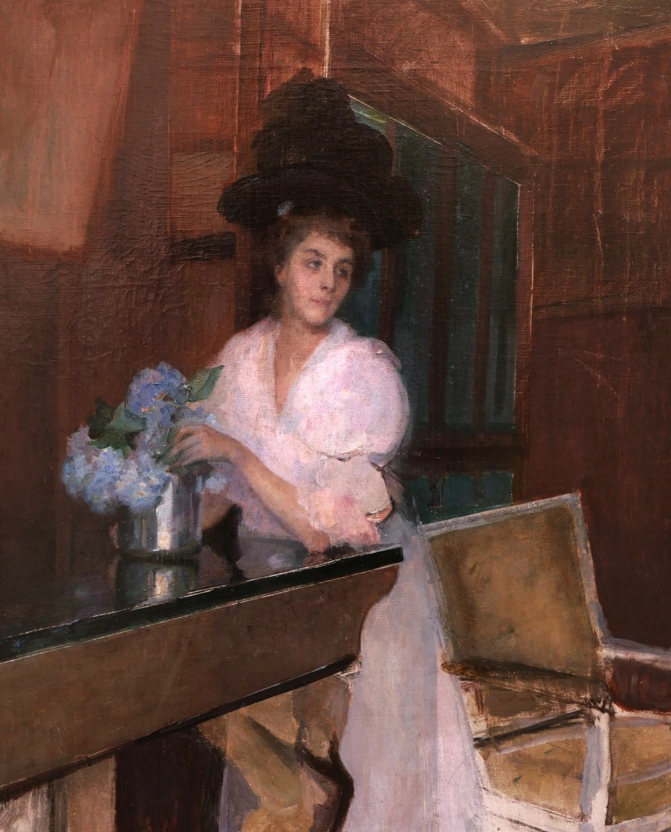 French School Circa 1900, Elegant Woman Arranging A Bouquet Of Hydrangeas In An Interior-photo-2