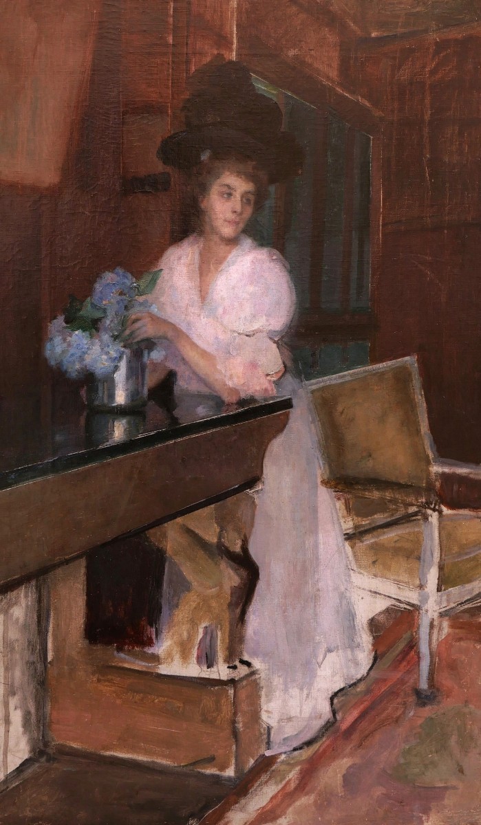 French School Circa 1900, Elegant Woman Arranging A Bouquet Of Hydrangeas In An Interior