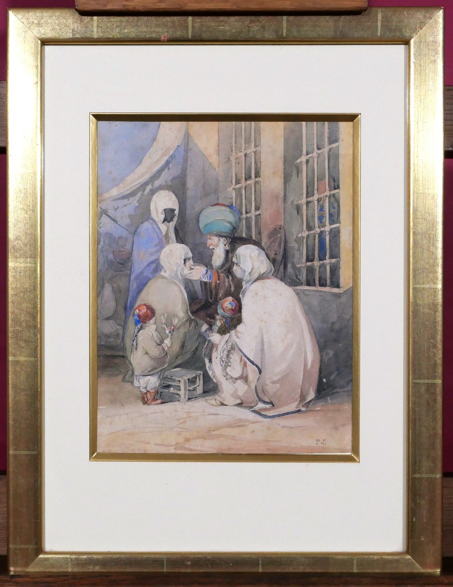 Attribué à Pierre Antoine LABOUCHÈRE, Scène familiale dans la rue en Algérie-photo-1