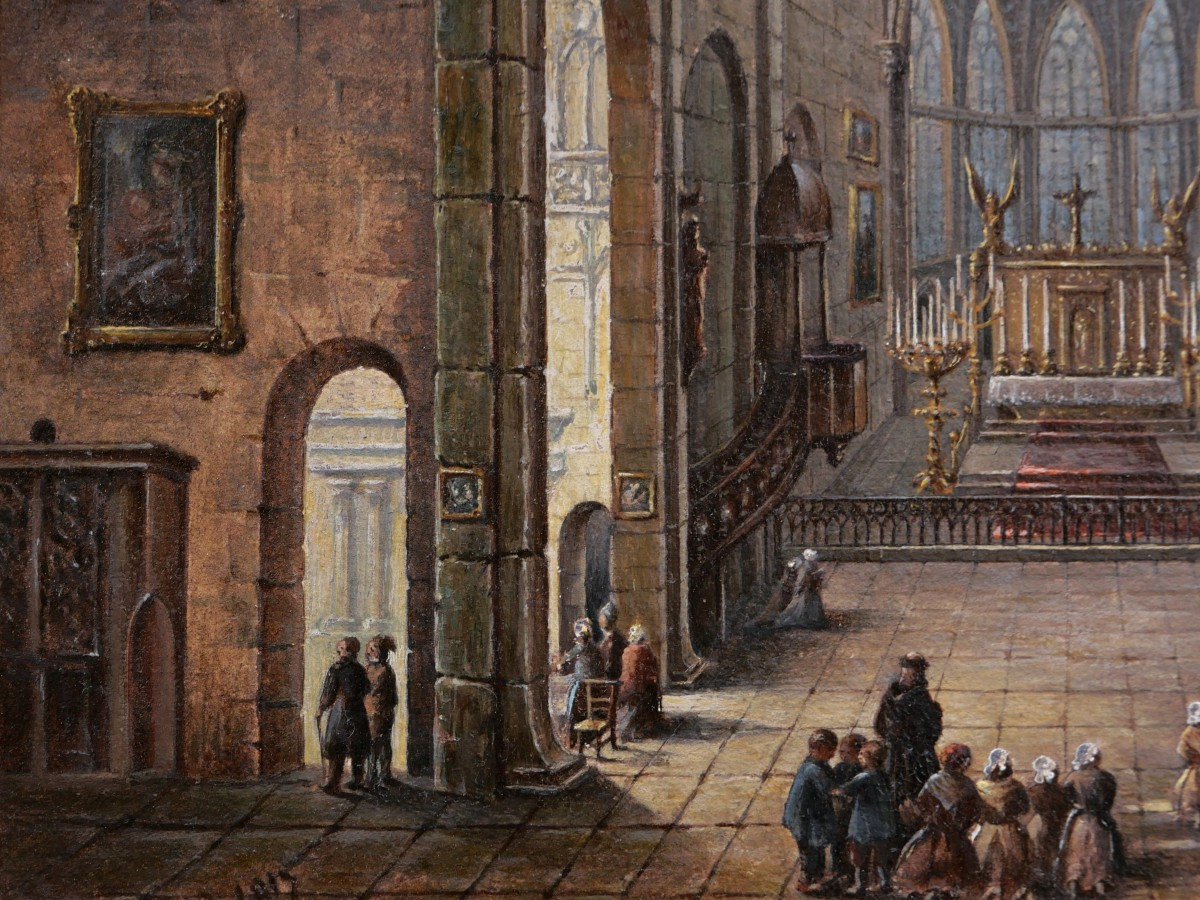 École FRANÇAISE début XIXème, Vue animée de l'intérieur de la Collégiale de Marvejols (Lozère)-photo-2