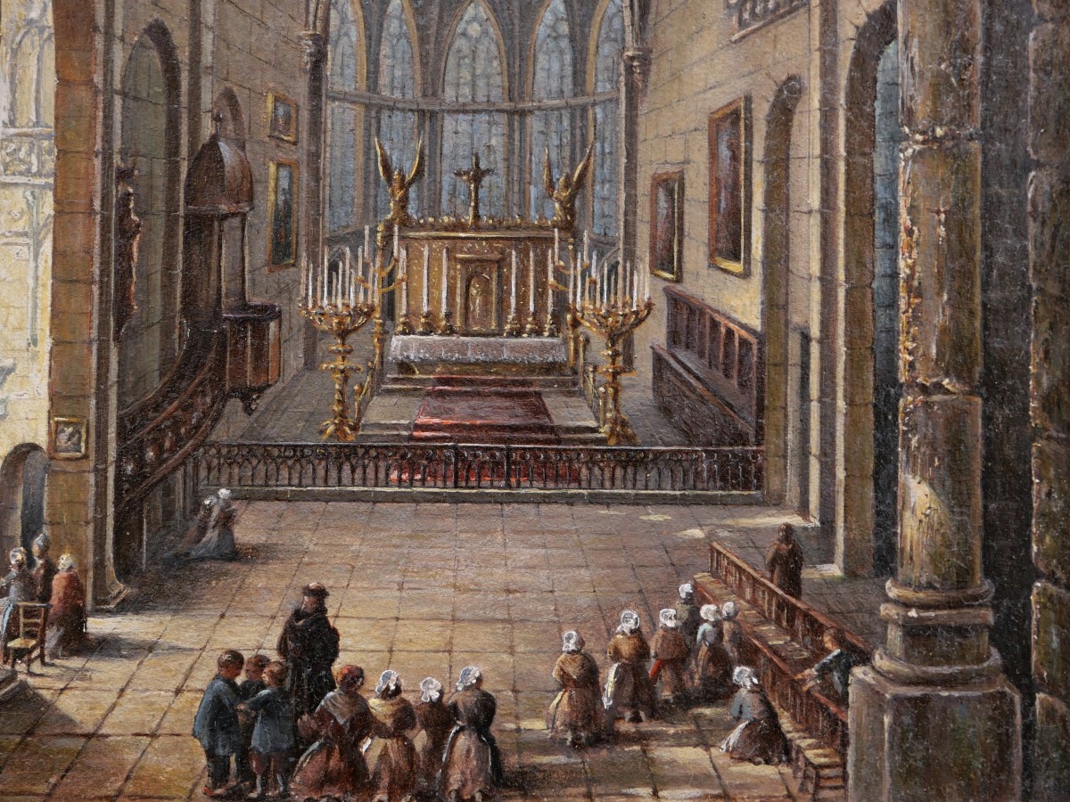 École FRANÇAISE début XIXème, Vue animée de l'intérieur de la Collégiale de Marvejols (Lozère)-photo-3