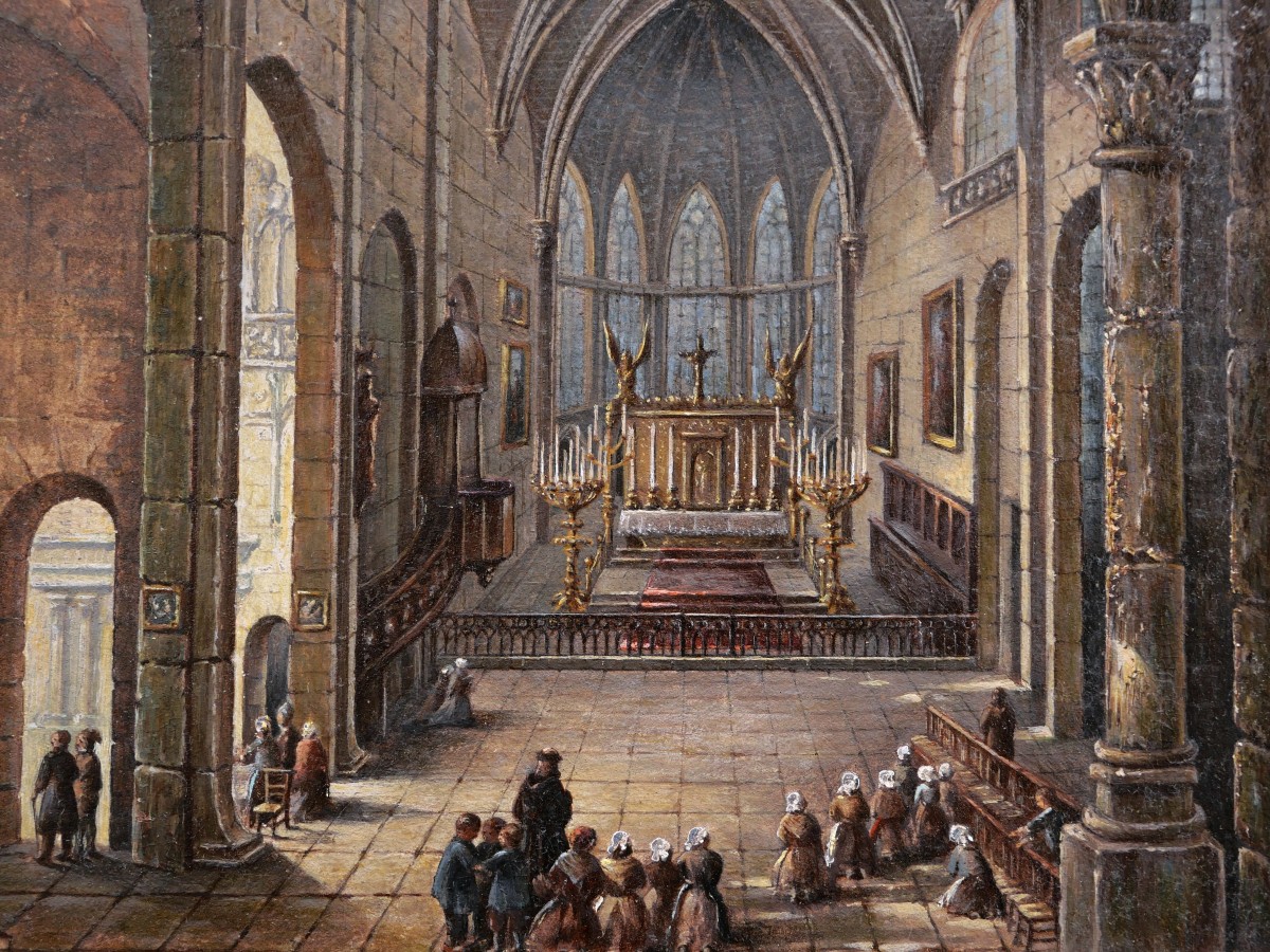 École FRANÇAISE début XIXème, Vue animée de l'intérieur de la Collégiale de Marvejols (Lozère)-photo-4