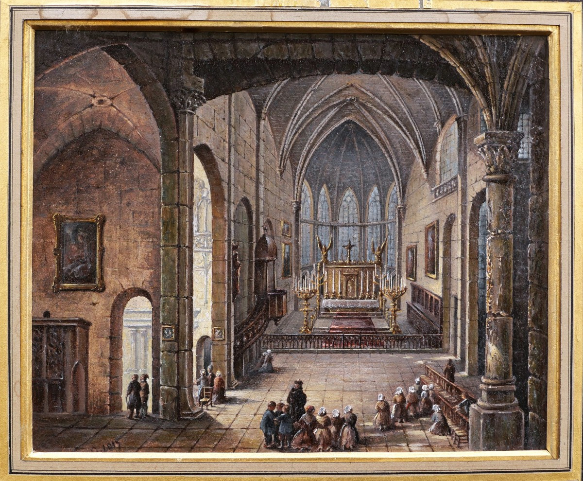 École FRANÇAISE début XIXème, Vue animée de l'intérieur de la Collégiale de Marvejols (Lozère)-photo-2