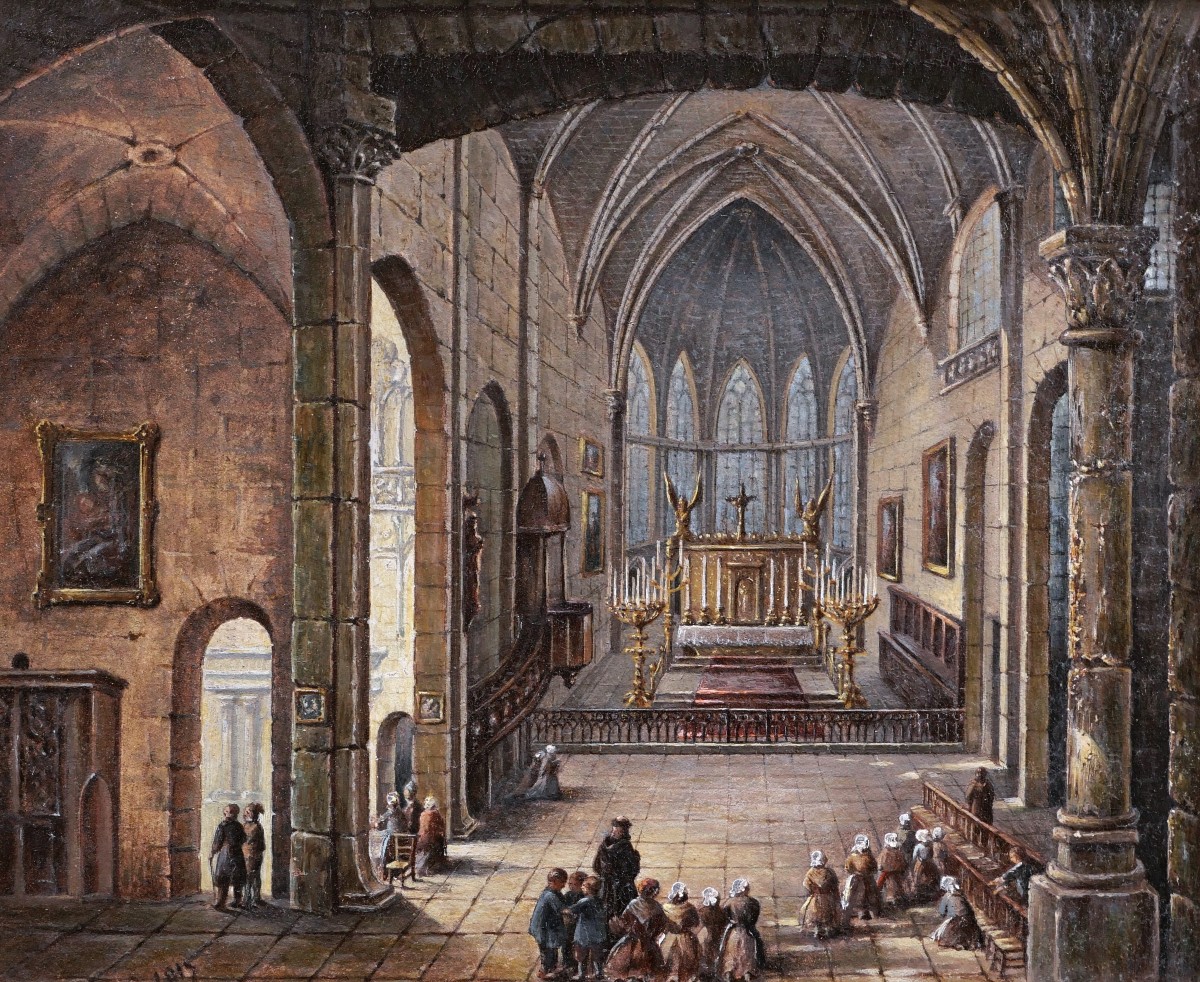 École FRANÇAISE début XIXème, Vue animée de l'intérieur de la Collégiale de Marvejols (Lozère)