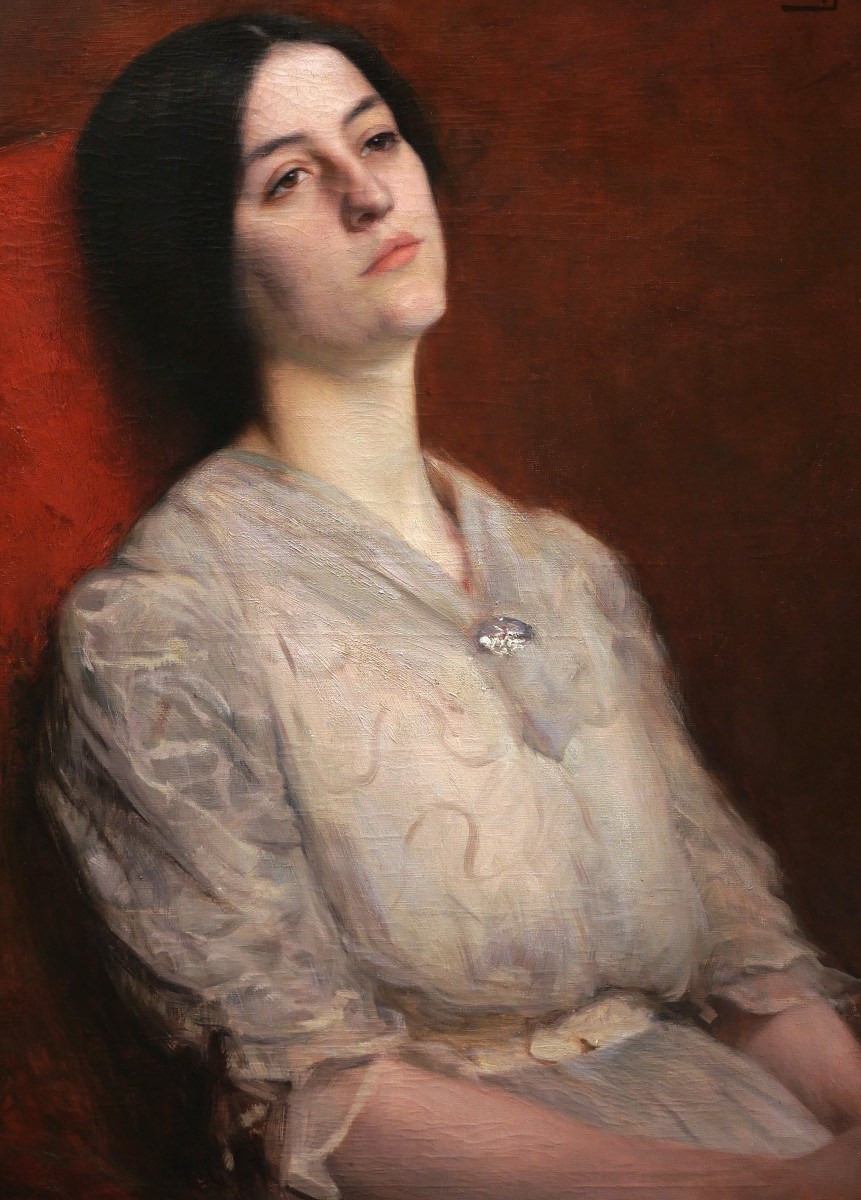 Paul SIEFFERT, Portrait de femme songeuse dans un fauteuil rouge-photo-2