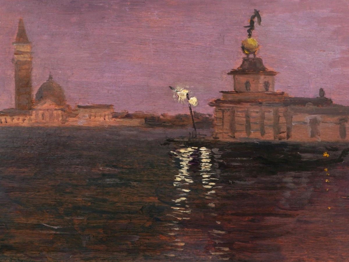 Attribué à Fernand HOUGET, Vue nocturne de l'Île de San Giorgio Maggiore à Venise-photo-2