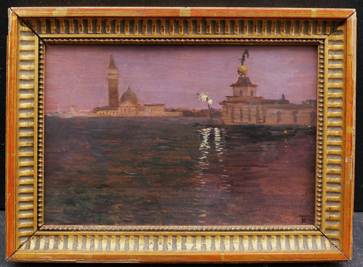 Attribué à Fernand HOUGET, Vue nocturne de l'Île de San Giorgio Maggiore à Venise-photo-4