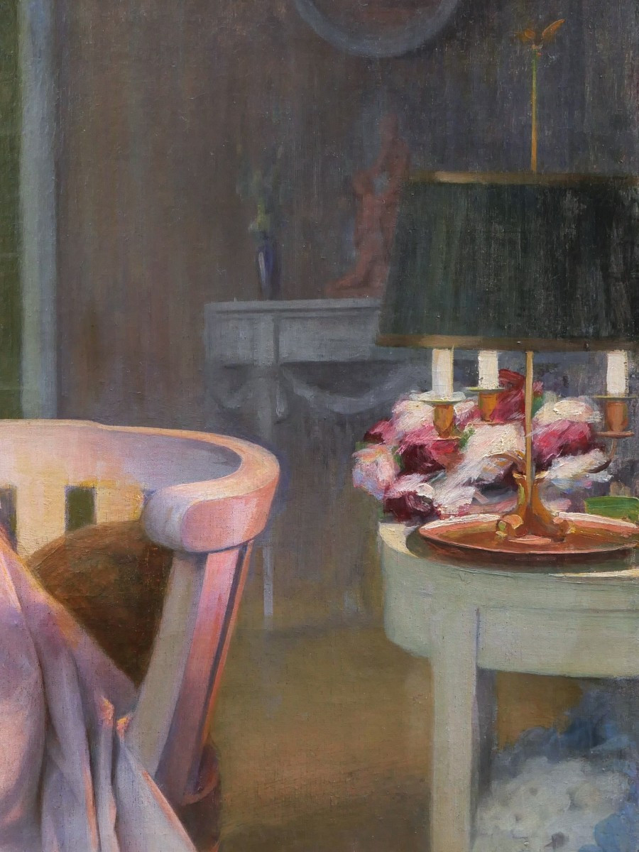 Baron Paul de TURGY, La femme de l'artiste au salon, feuilletant des estampes (GRAND FORMAT)-photo-3