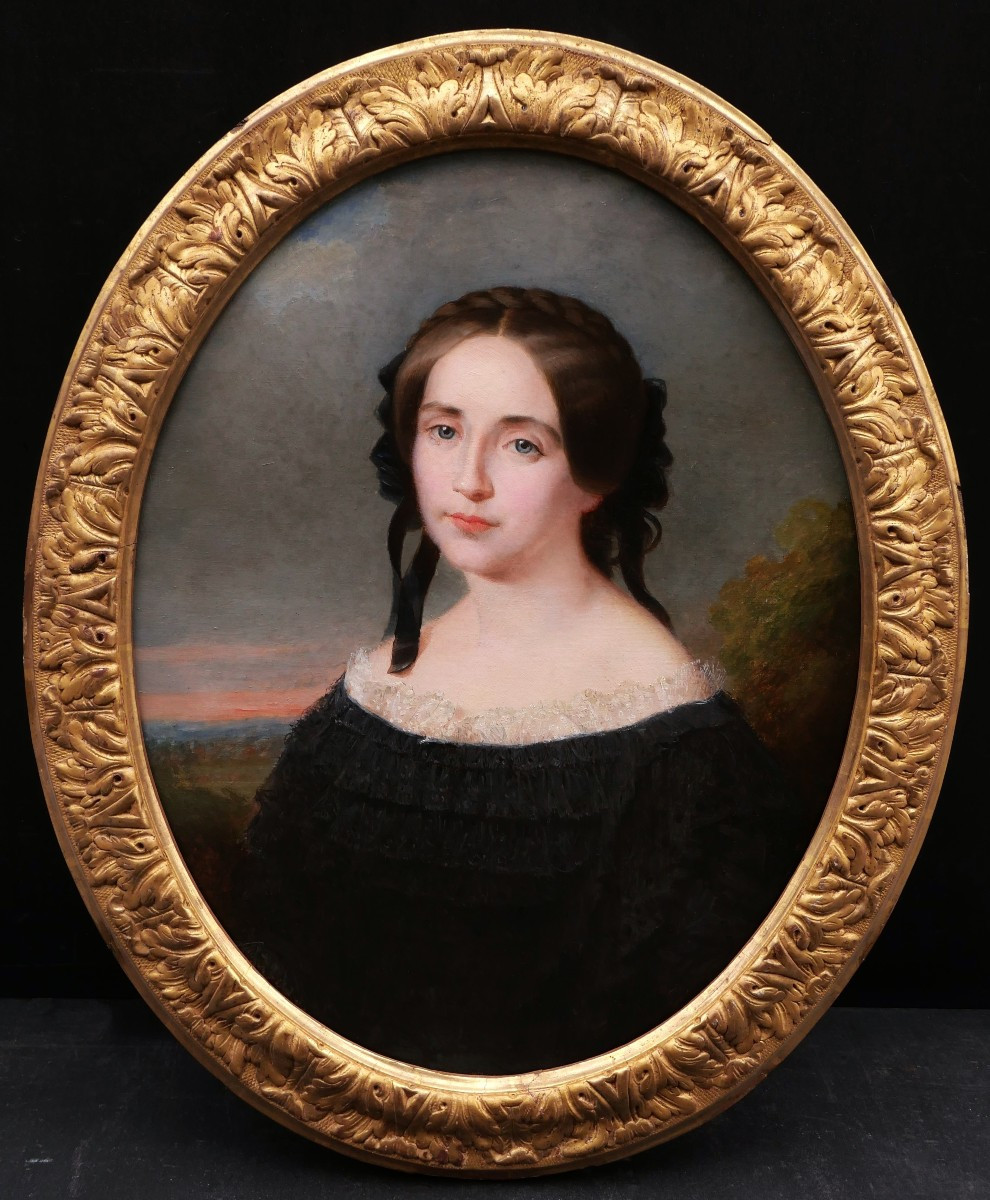 French Or Foreign School, Circa 1830, Portrait Of A Woman In Front Of A Landscape