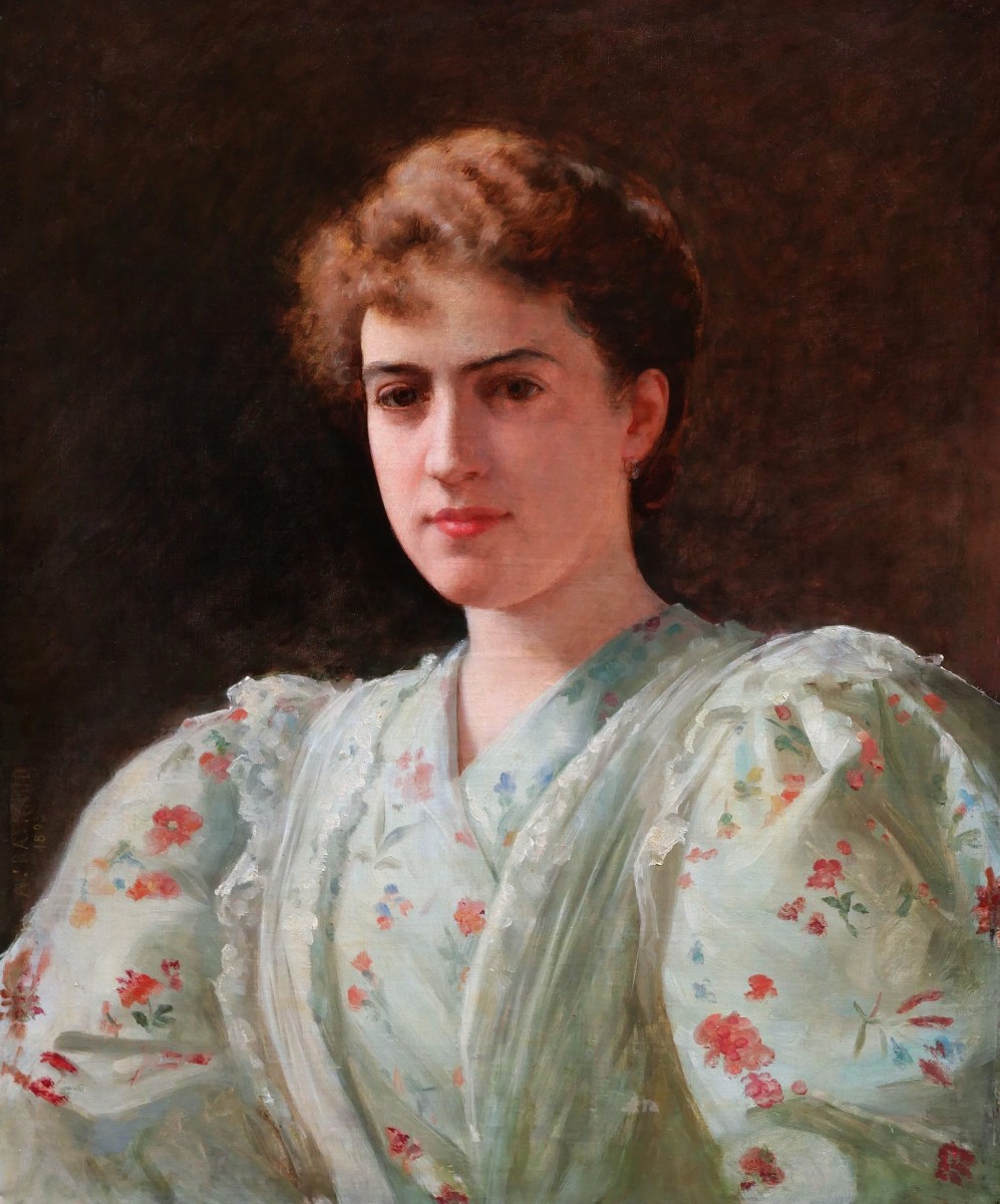 Auguste RAYNAUD, Portrait de jeune femme en robe vert pâle à motifs de fleurs