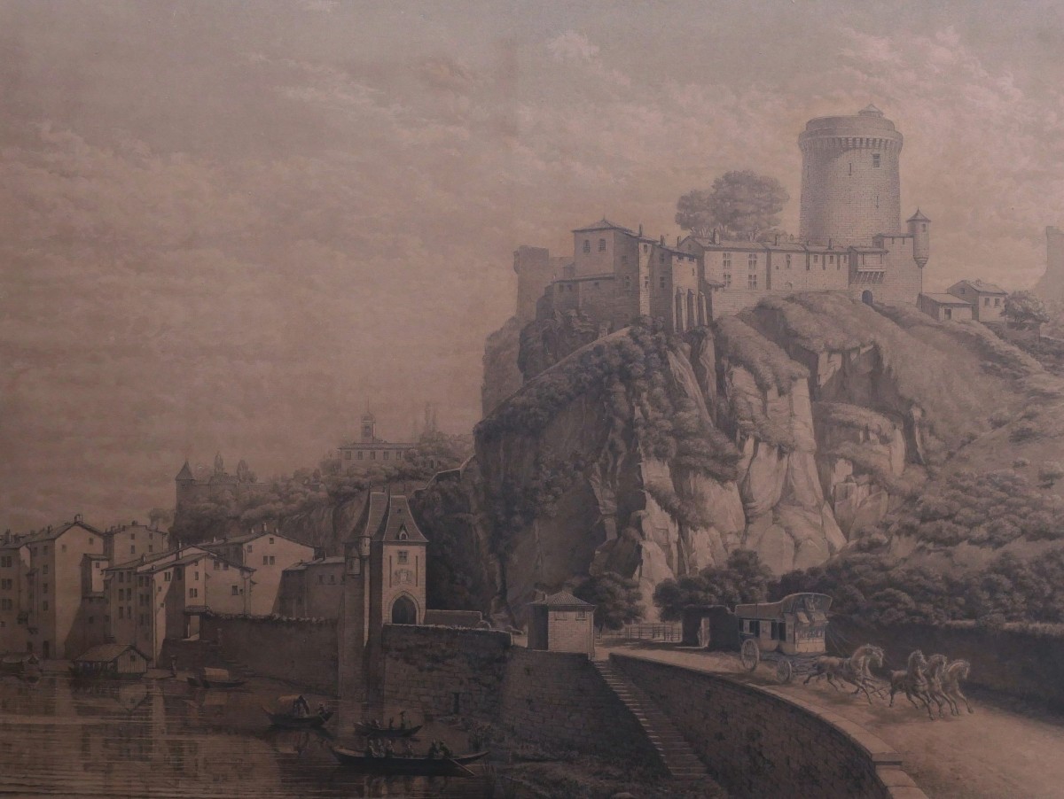 Joseph CERDON, Vue animée devant le Château de Pierre Scize à Lyon (TRES GRAND FORMAT)