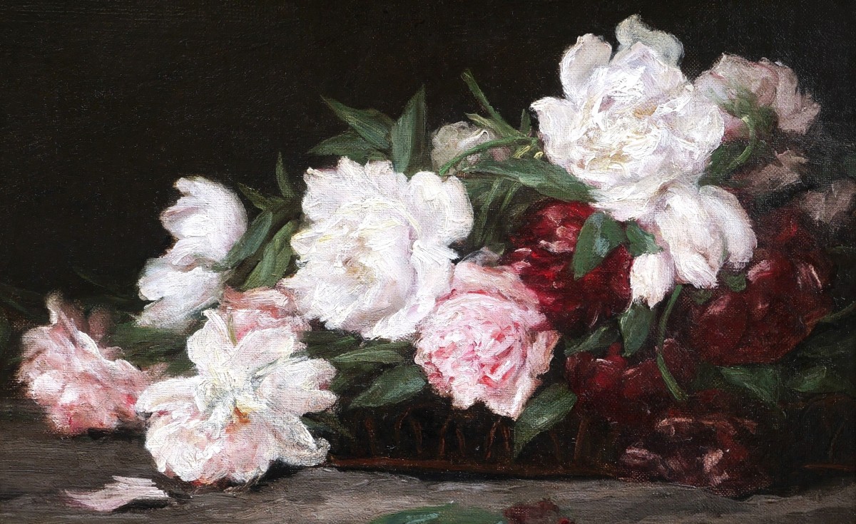 École FRANÇAISE circa 1880, entourage d'Henri FANTIN-LATOUR, Roses dans un panier