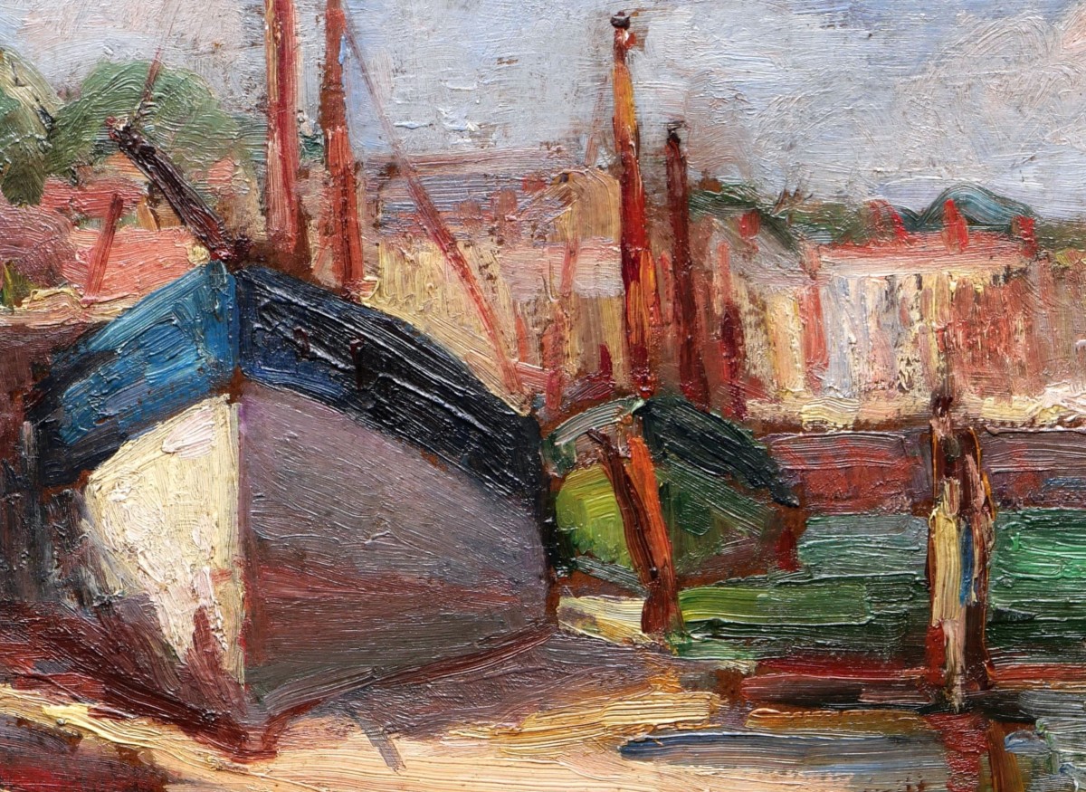 French School Circa 1900-1930, Two Boats At The Quayside, Low Tide-photo-2