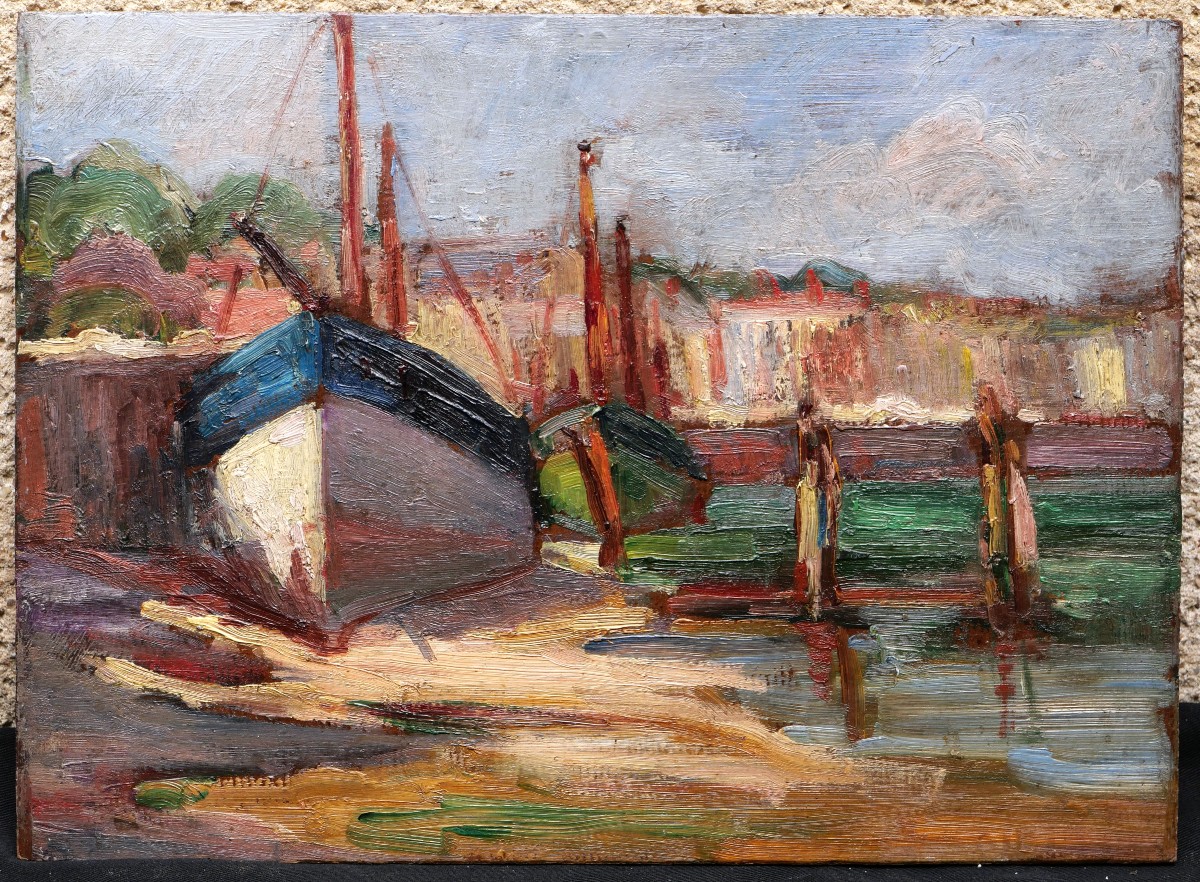 French School Circa 1900-1930, Two Boats At The Quayside, Low Tide-photo-3