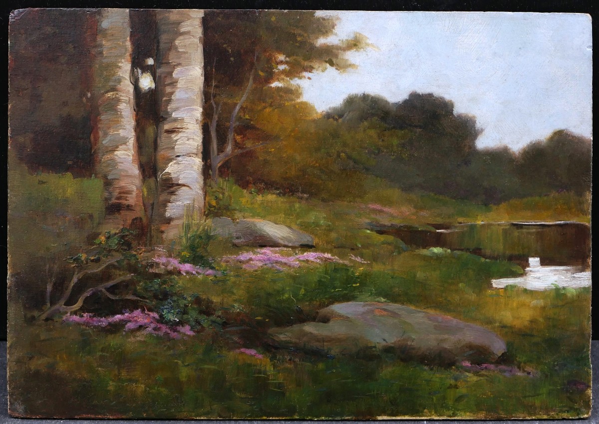 École FRANÇAISE du XIXème siècle, Bord d'étang aux bruyères-photo-3