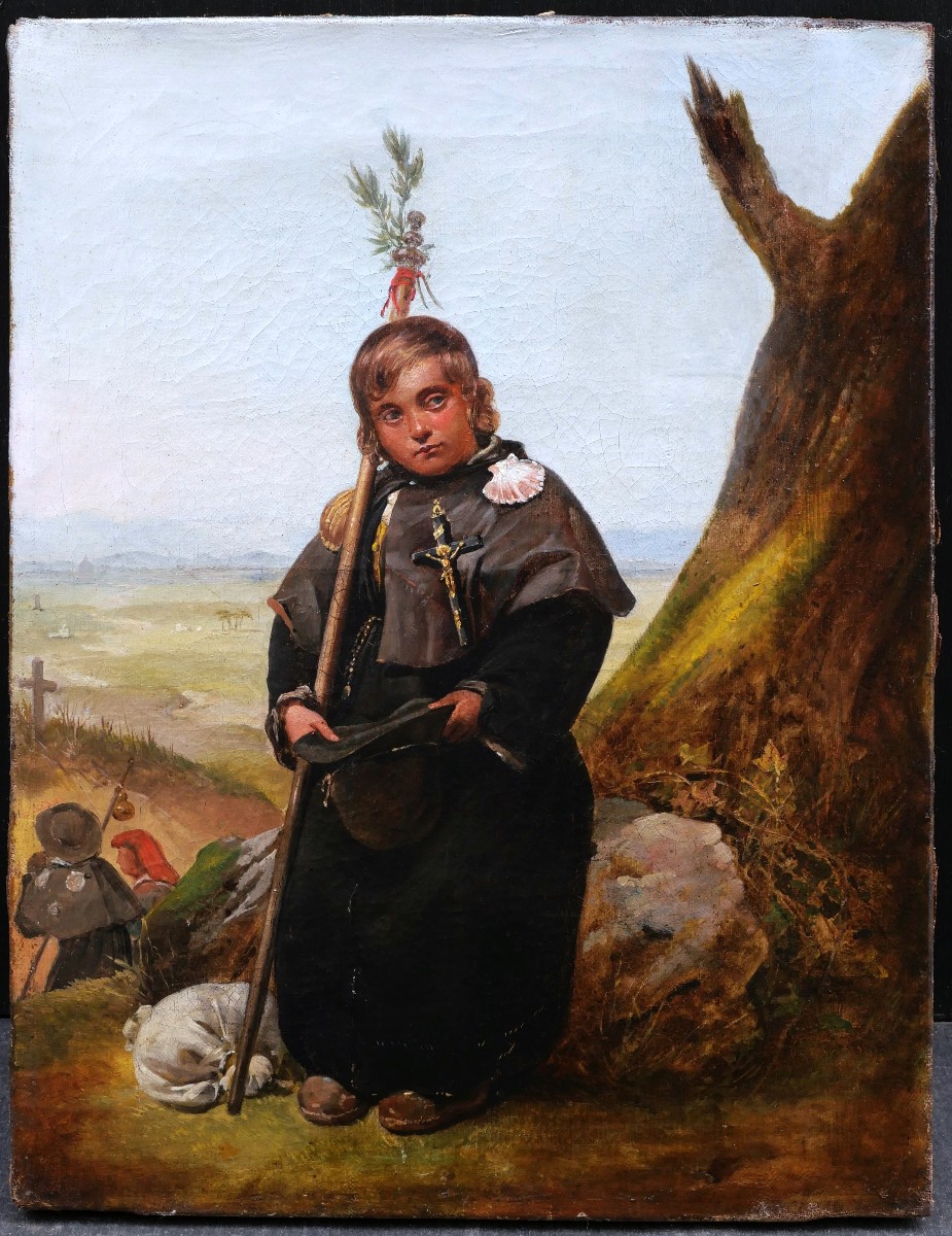 École FRANÇAISE circa 1830 - 1840, Petit jacquet mendiant sur la route de Compostelle-photo-3