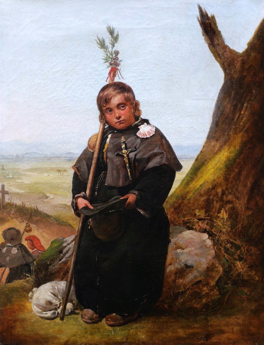 École FRANÇAISE circa 1830 - 1840, Petit jacquet mendiant sur la route de Compostelle
