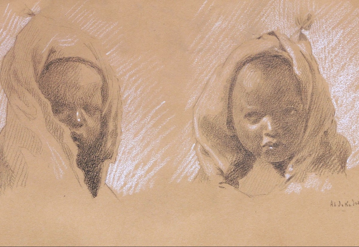 French School In 1928, Three Studies Of The Head Of An Arab Child-photo-2