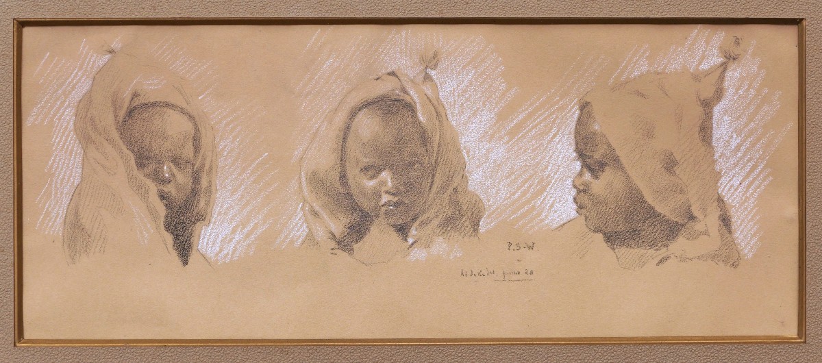 French School In 1928, Three Studies Of The Head Of An Arab Child-photo-2
