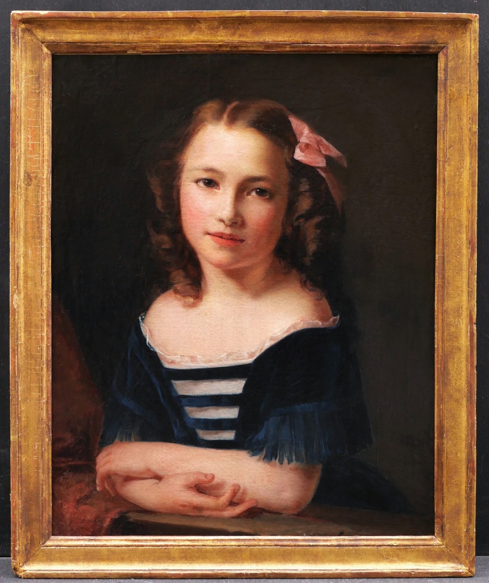 École FRANÇAISE du XIXème siècle, Portrait de petite fille au ruban rose-photo-3