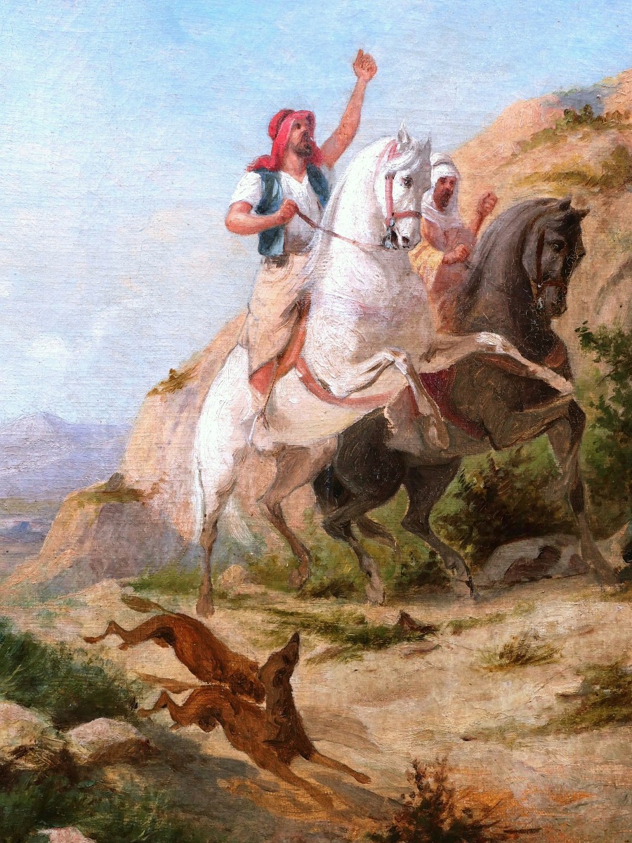 École FRANÇAISE du XIXème siècle, Cavaliers arabes chassant au faucon-photo-2