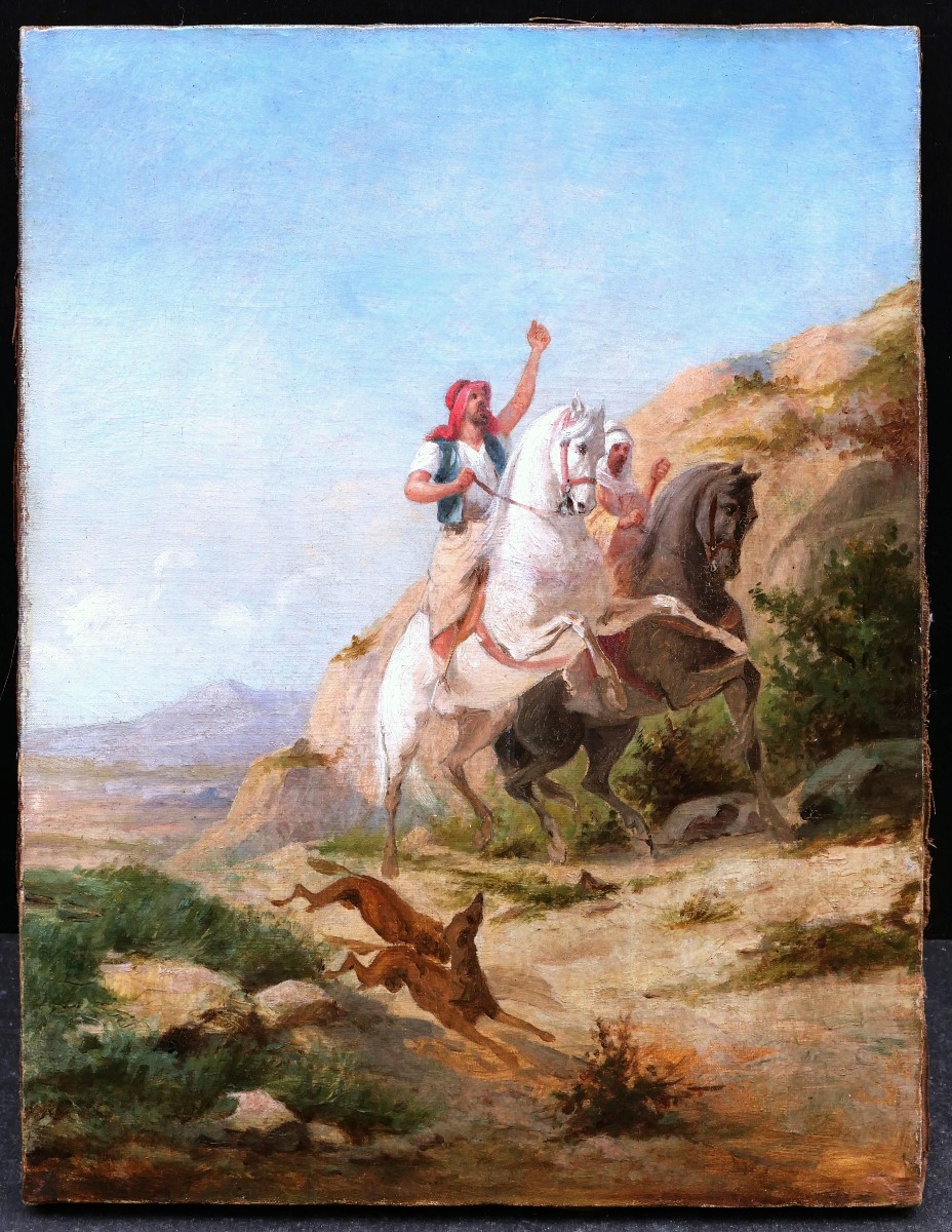 École FRANÇAISE du XIXème siècle, Cavaliers arabes chassant au faucon-photo-4