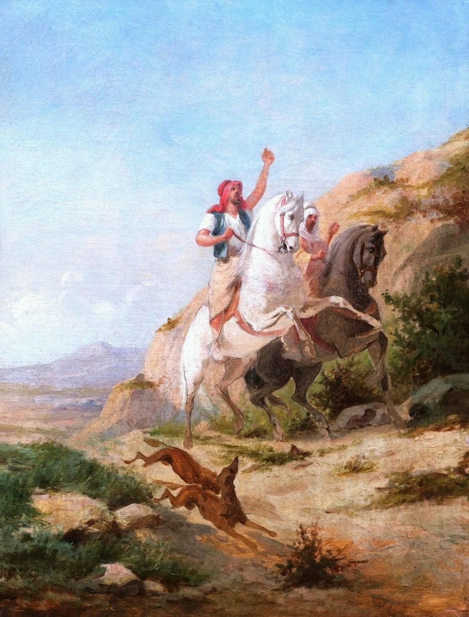École FRANÇAISE du XIXème siècle, Cavaliers arabes chassant au faucon
