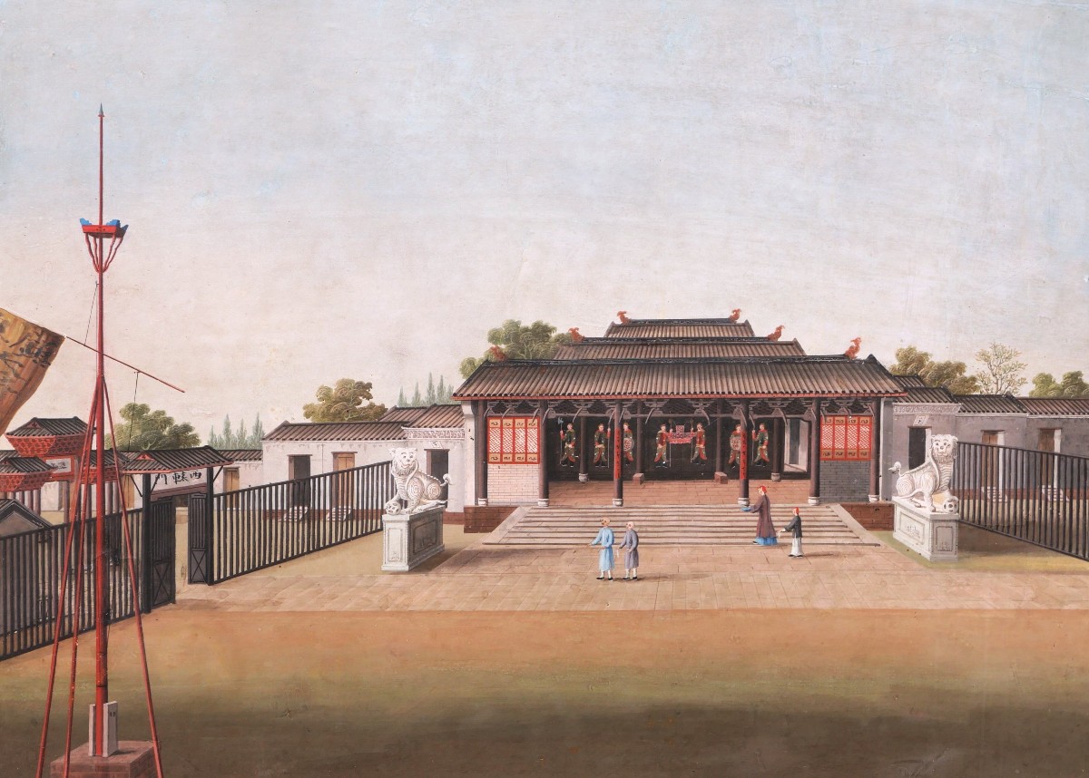 École de GUANGZHOU, début du XIXème siècle, Personnages devant des bâtiments officiels, Chine-photo-2