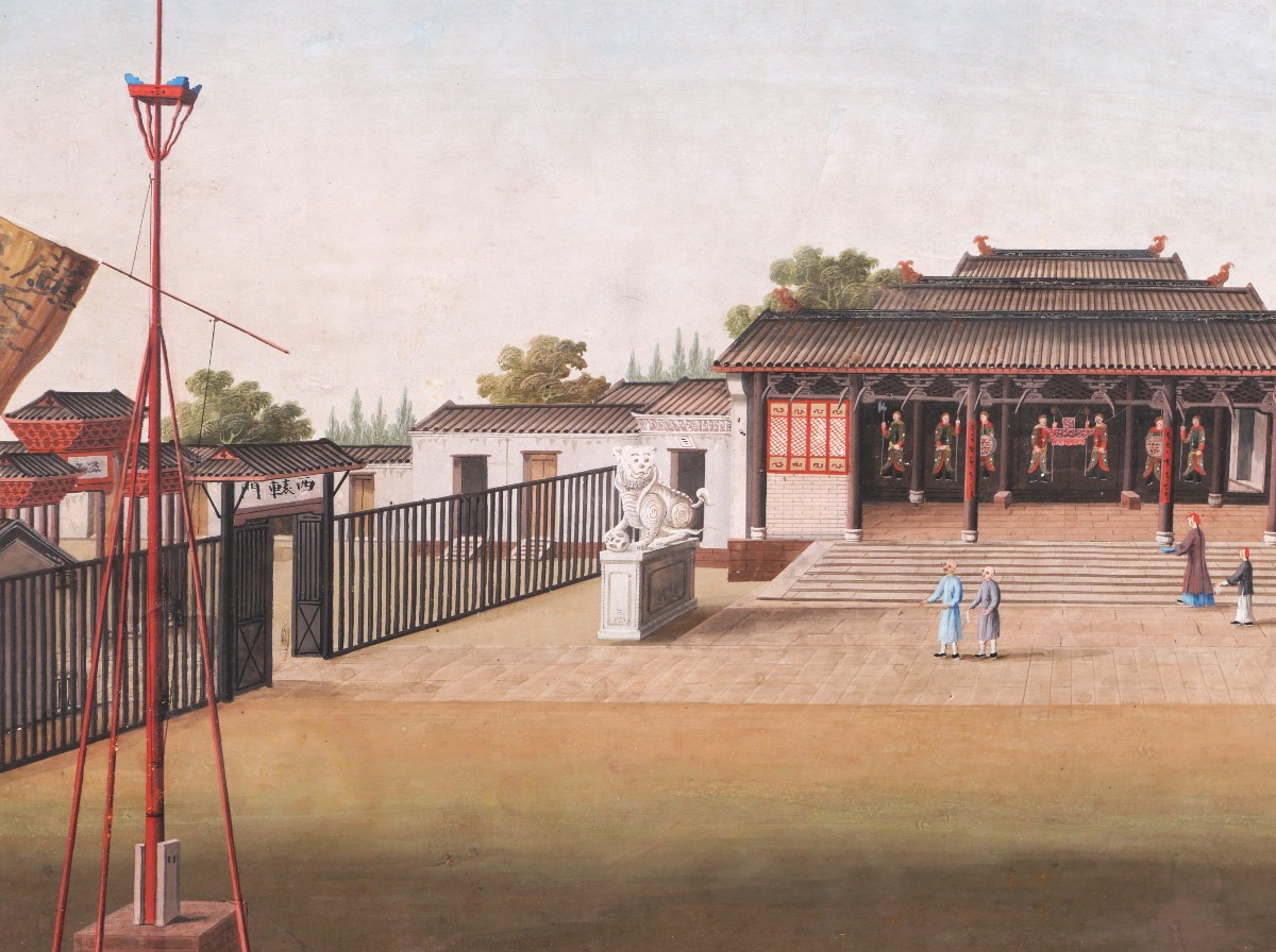 École de GUANGZHOU, début du XIXème siècle, Personnages devant des bâtiments officiels, Chine-photo-4