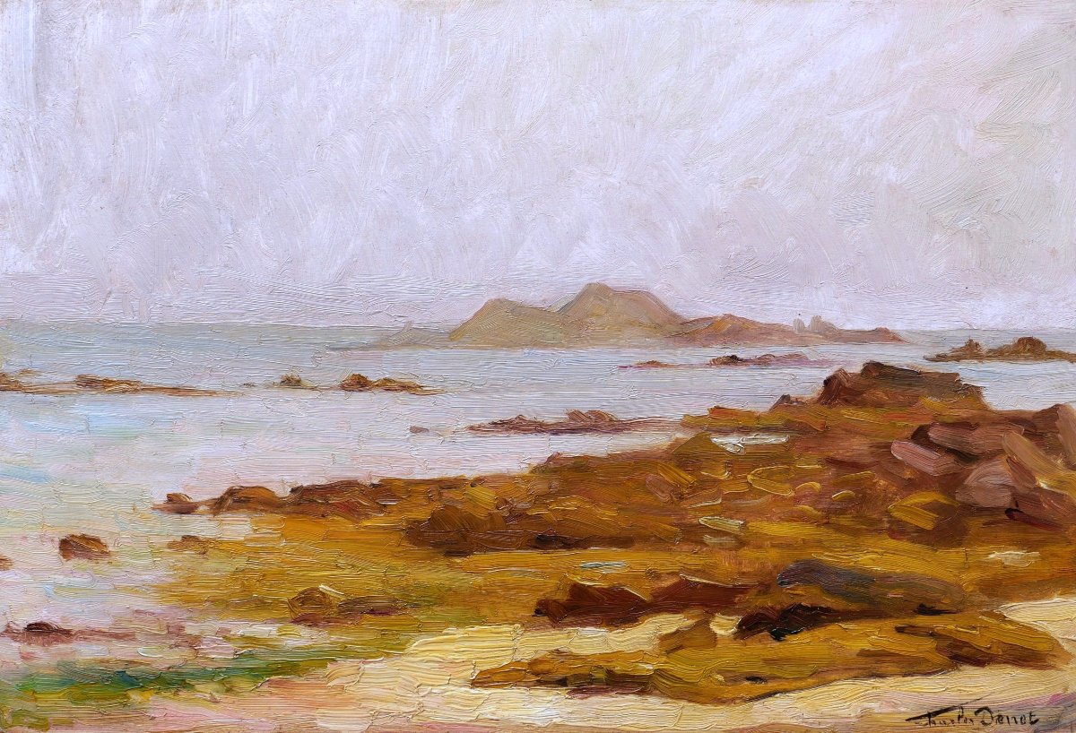 Charles Clément Denet, Rocky Coast Landscape In Brittany, Marine Painting