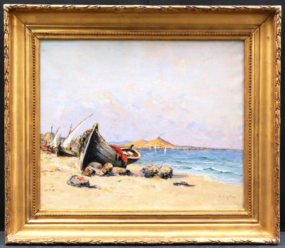 Émile MAILLARD, Paysage aux barques sur la plage dans la baie de Naples en Italie, tableau-photo-1