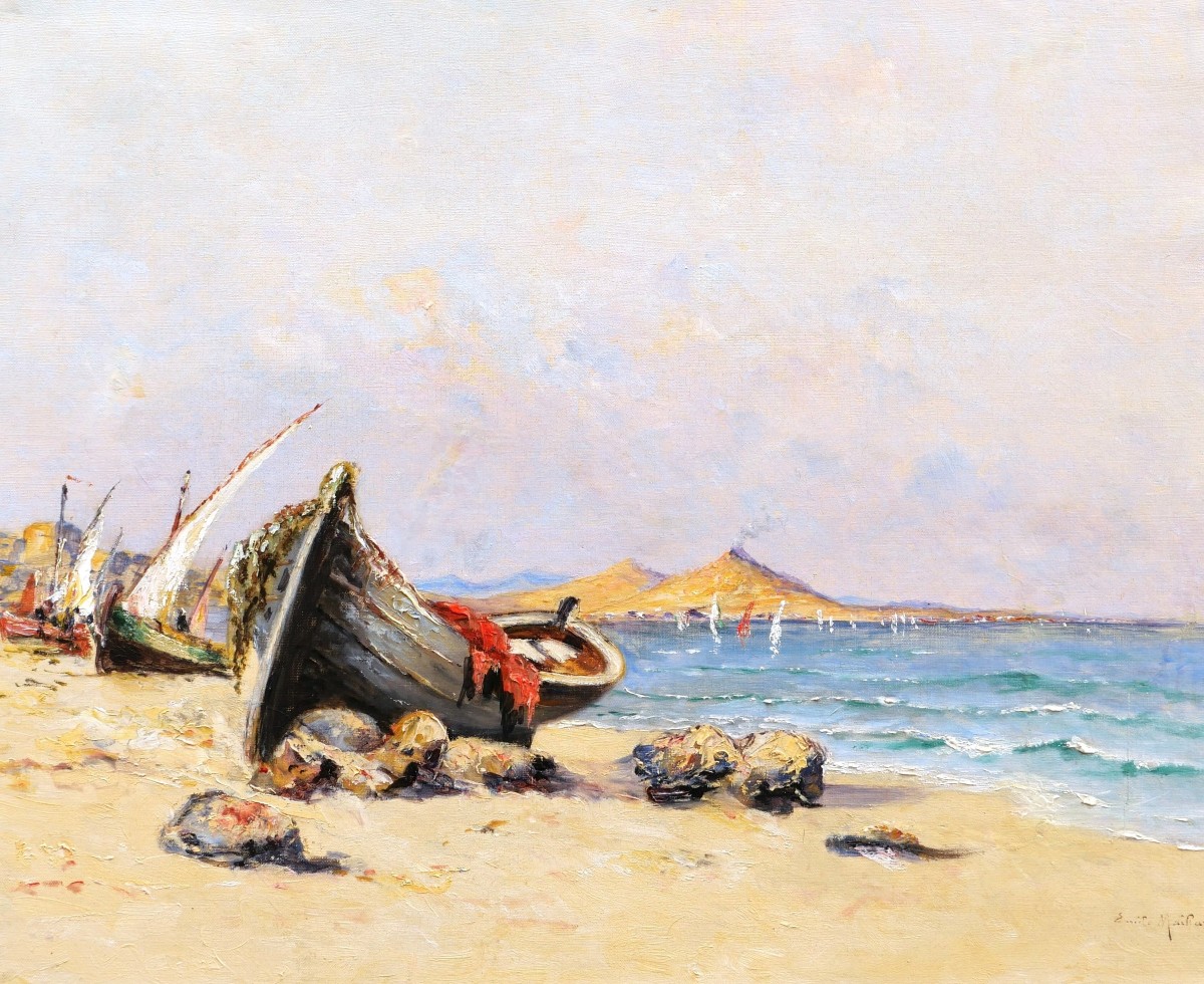 Émile MAILLARD, Paysage aux barques sur la plage dans la baie de Naples en Italie, tableau