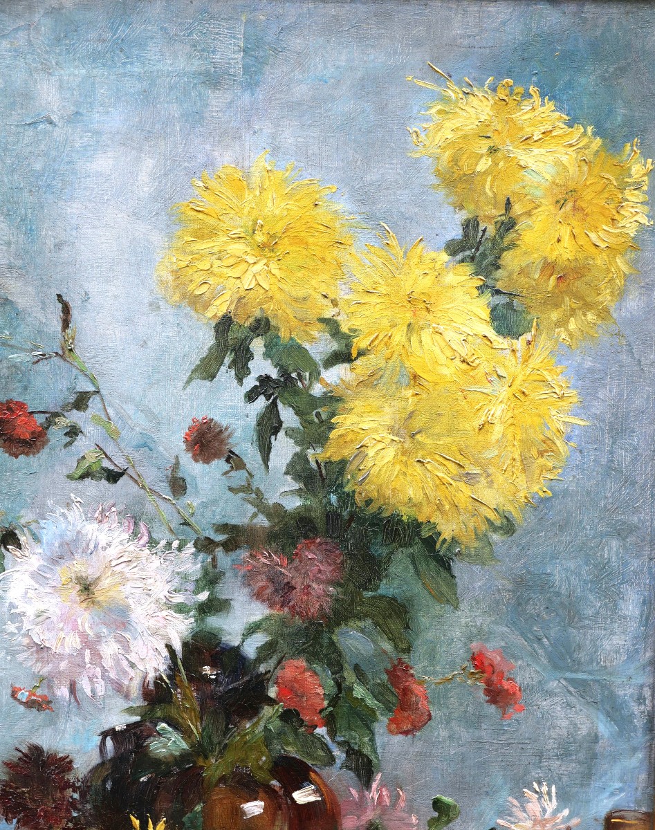 Léon Mayet, Still Life With A Vase Of Dahlias, Flower Painting-photo-2