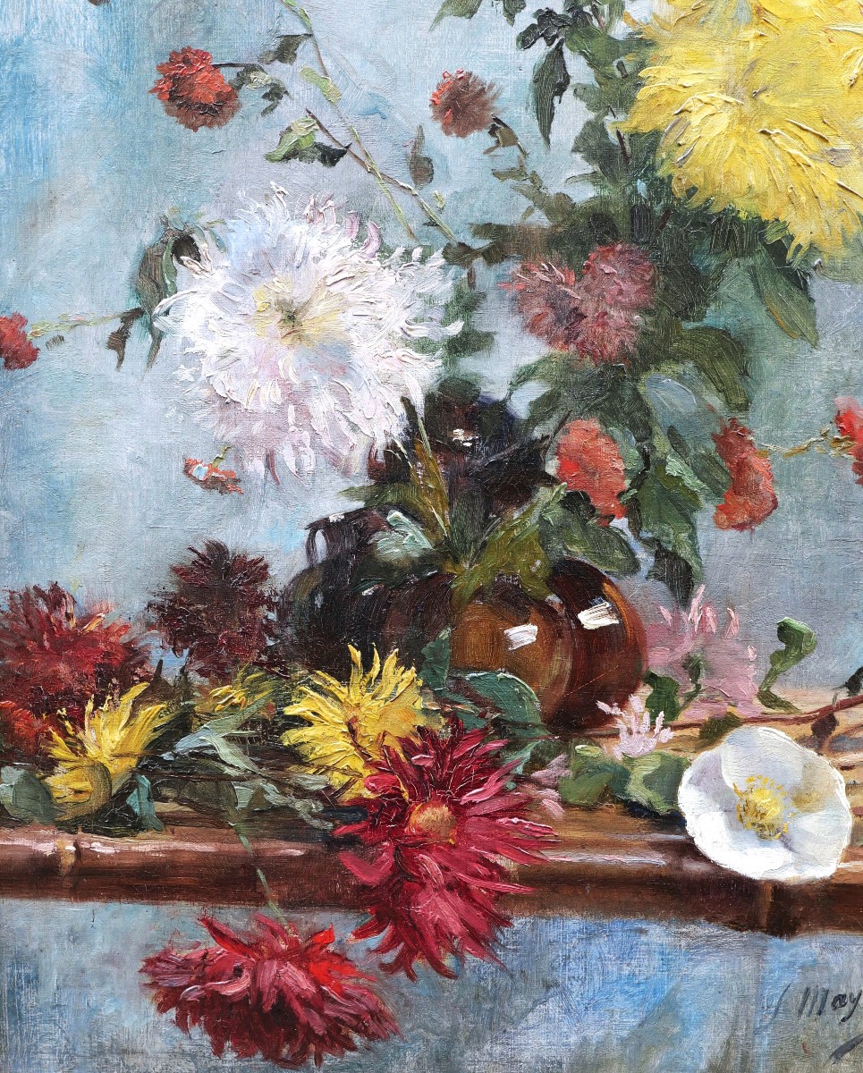 Léon Mayet, Still Life With A Vase Of Dahlias, Flower Painting-photo-3
