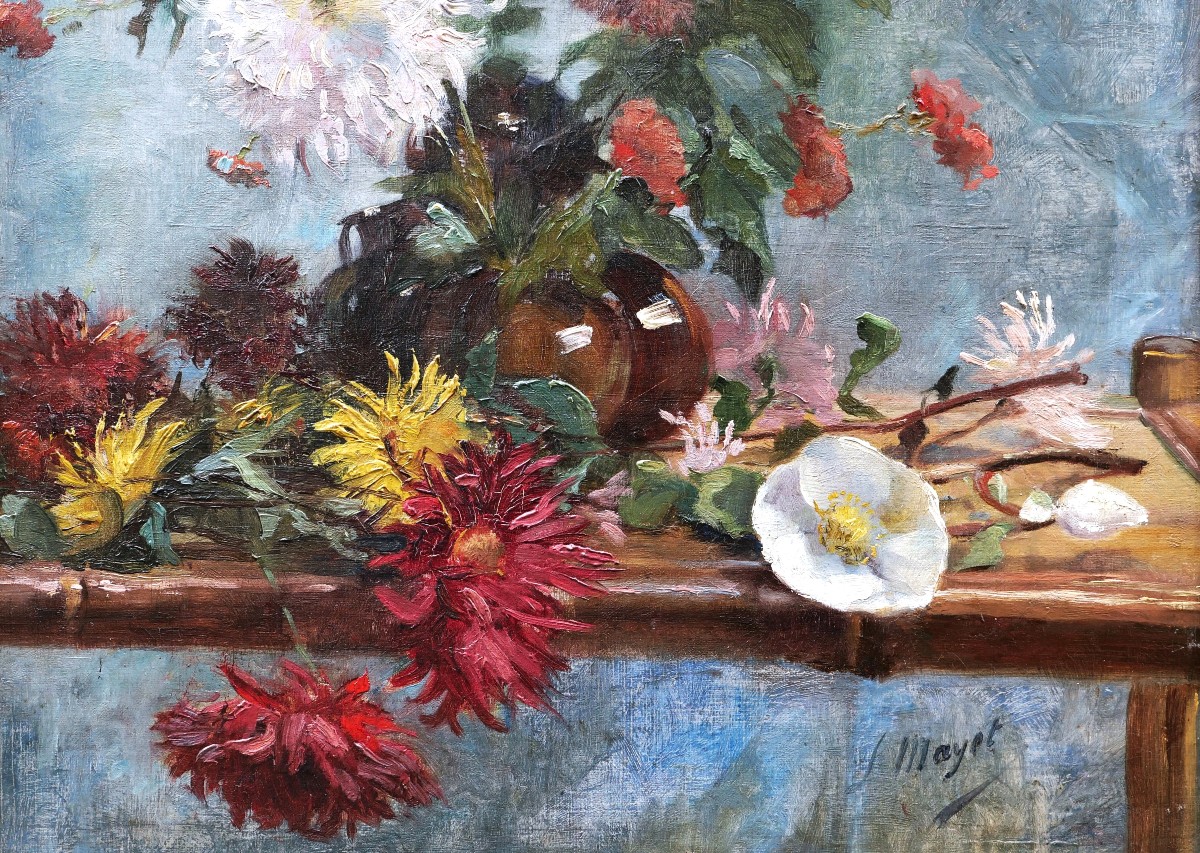 Léon Mayet, Still Life With A Vase Of Dahlias, Flower Painting-photo-4