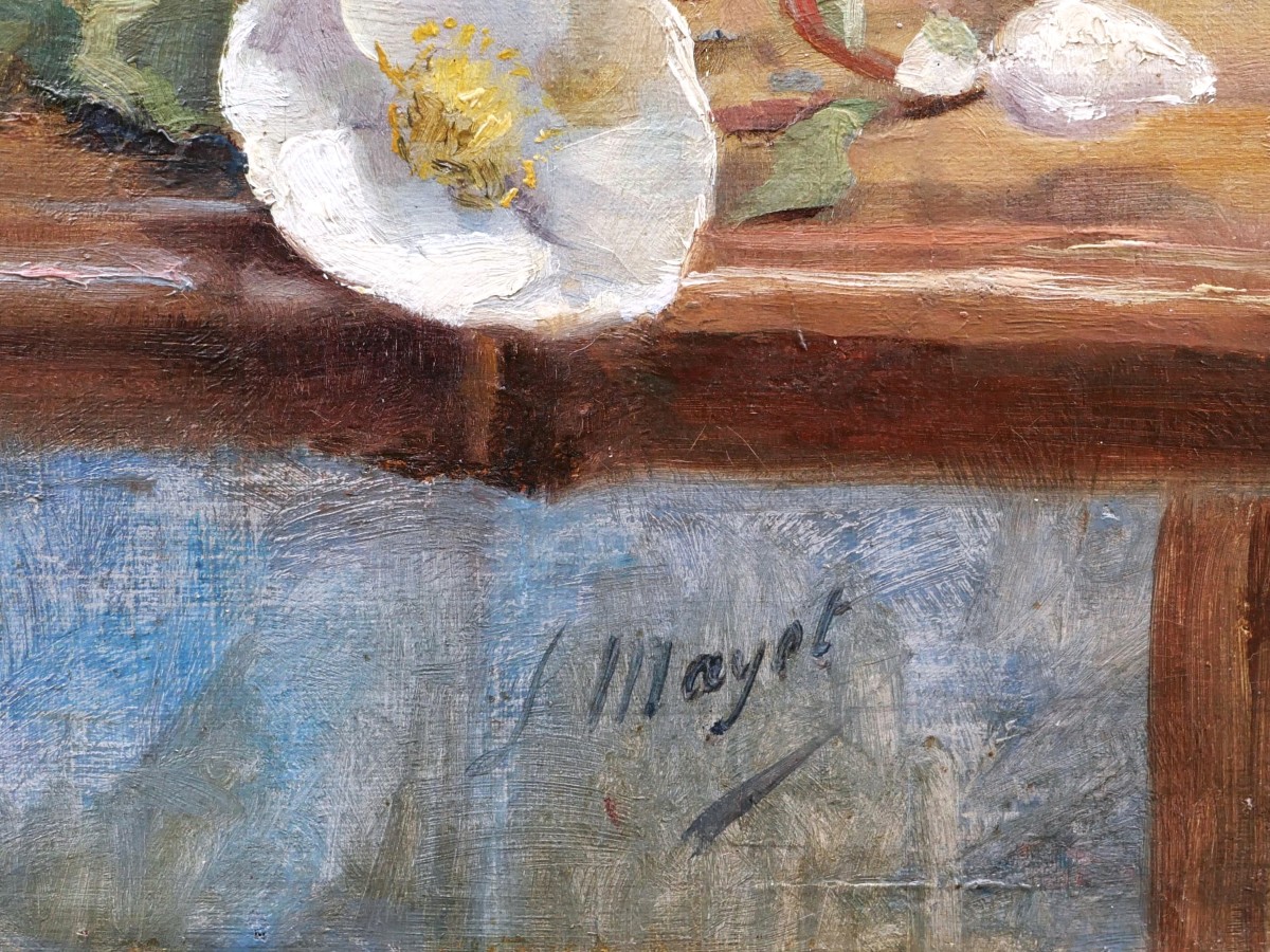 Léon Mayet, Still Life With A Vase Of Dahlias, Flower Painting-photo-1