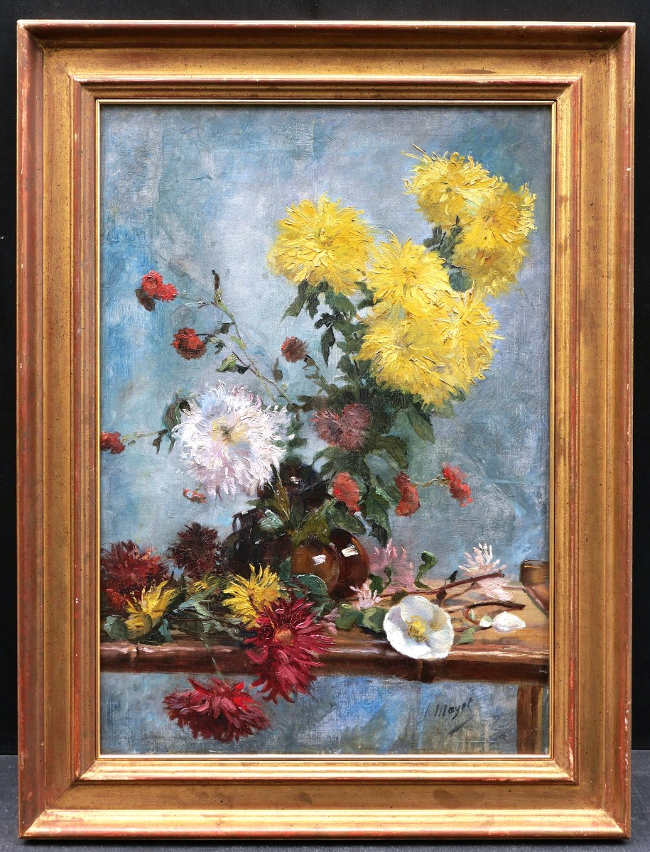 Léon Mayet, Still Life With A Vase Of Dahlias, Flower Painting-photo-2