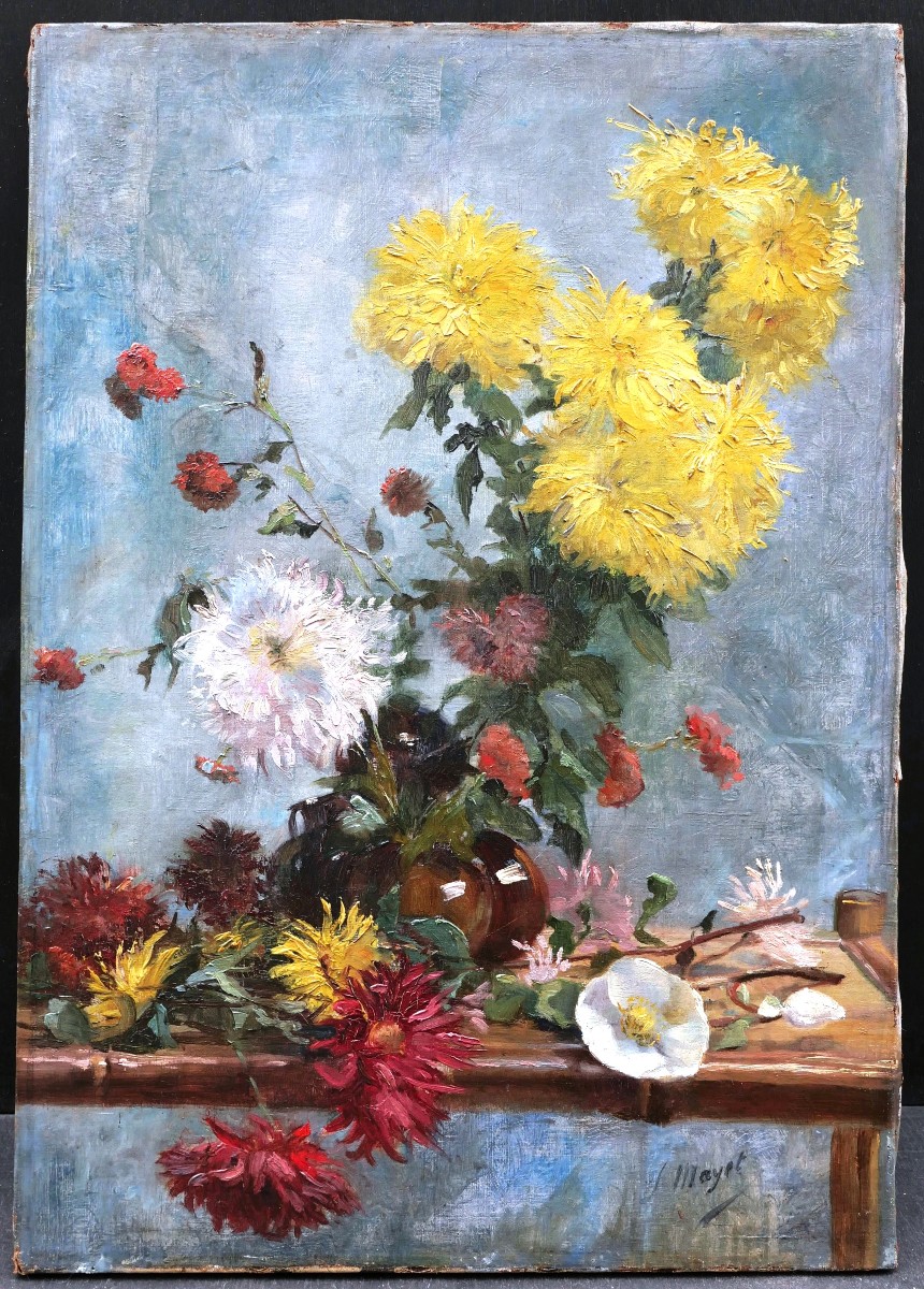 Léon Mayet, Still Life With A Vase Of Dahlias, Flower Painting-photo-3