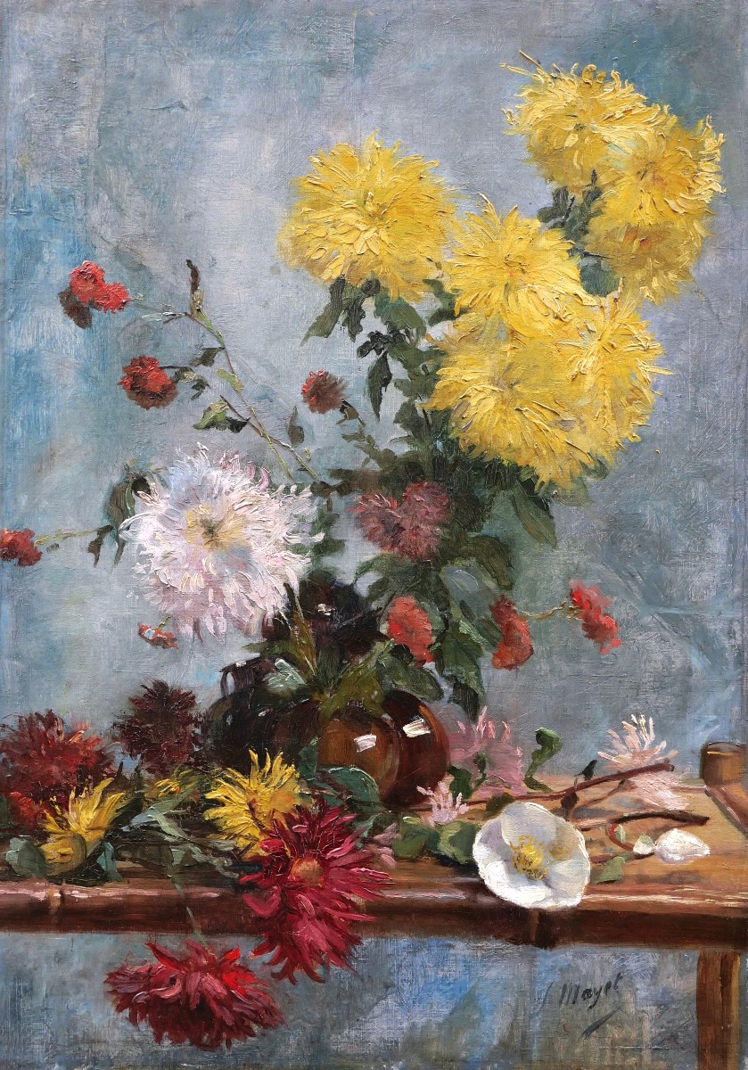 Léon Mayet, Vase Of Dahlias