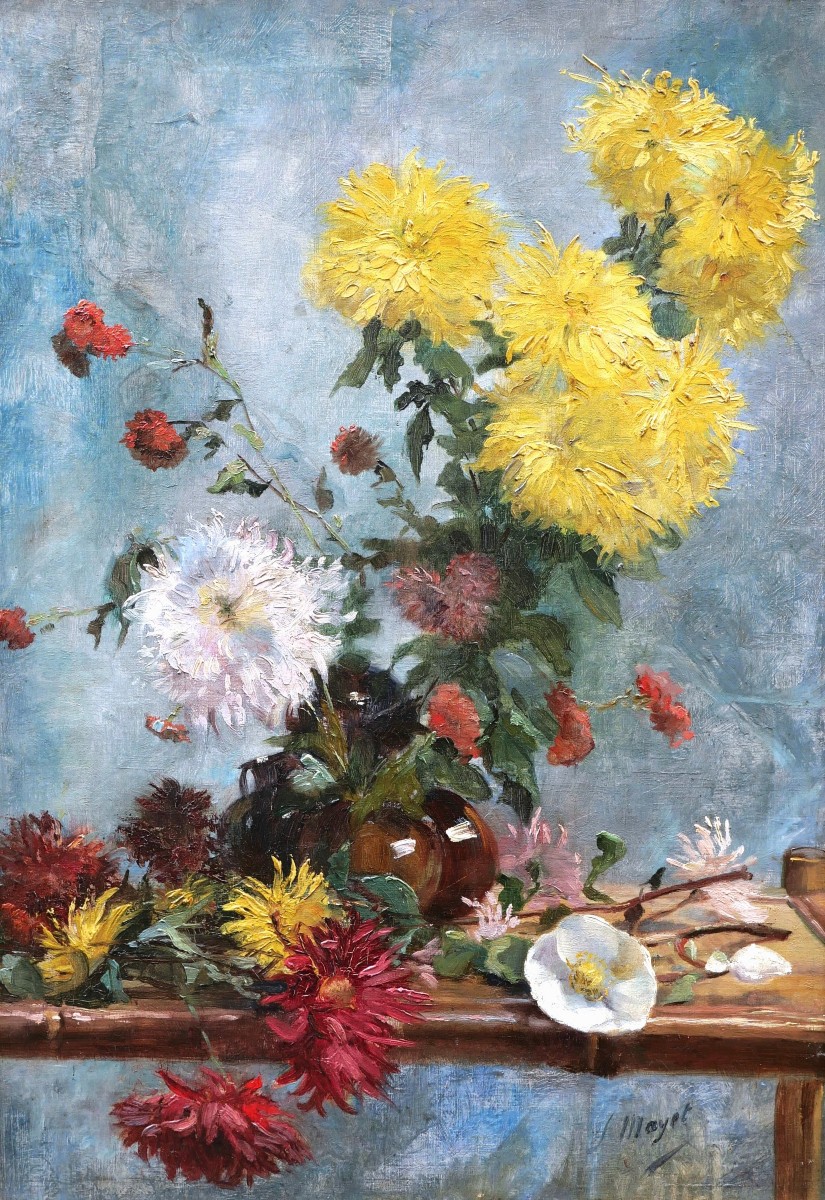 Léon Mayet, Still Life With A Vase Of Dahlias, Flower Painting