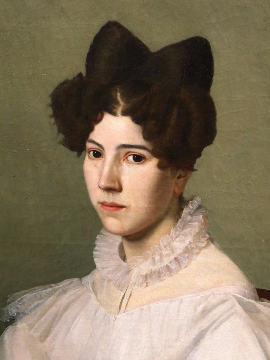 École FRANÇAISE du XIXème siècle, circa 1830, Portrait de femme brune coiffée « à la girafe »-photo-2