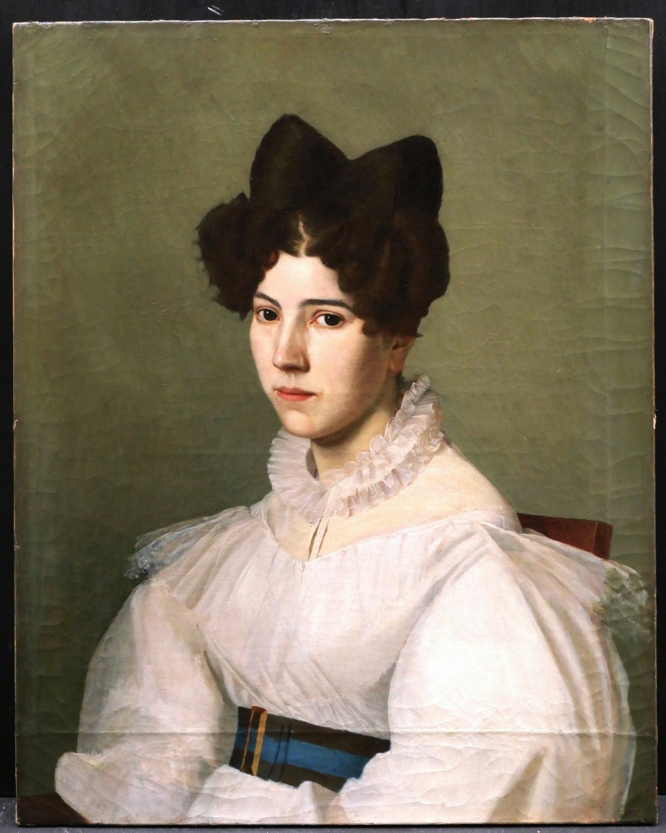 École FRANÇAISE du XIXème siècle, circa 1830, Portrait de femme brune coiffée « à la girafe »-photo-3