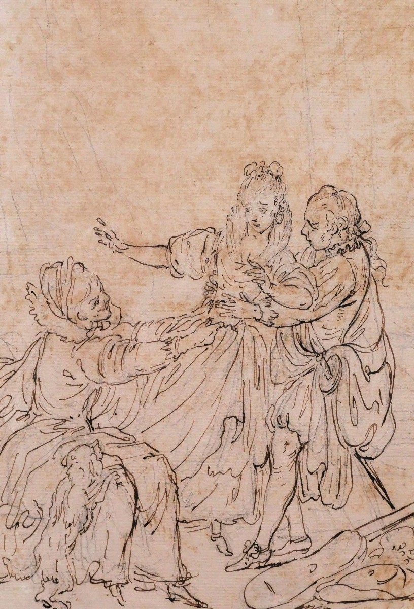 École FRANÇAISE du XVIIIème siècle, Scène interlope, dessin ancien