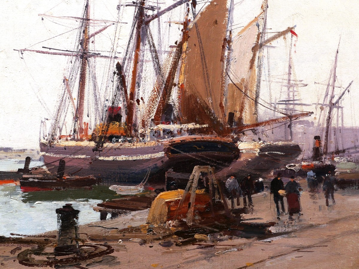 Eugène Galien Laloue, Lively View Of The Port Of Marseille From La Joliette, Marine Painting-photo-2