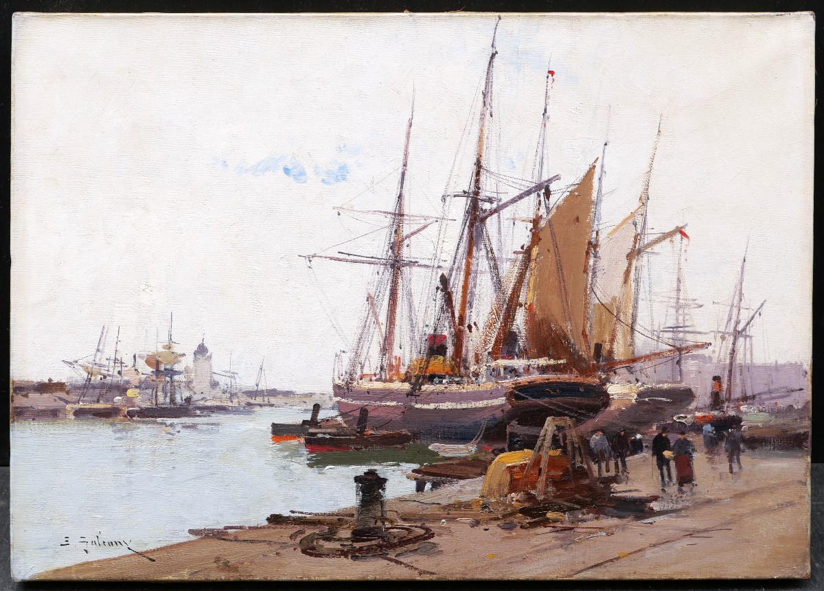 Eugène Galien Laloue, Lively View Of The Port Of Marseille From La Joliette, Marine Painting-photo-2