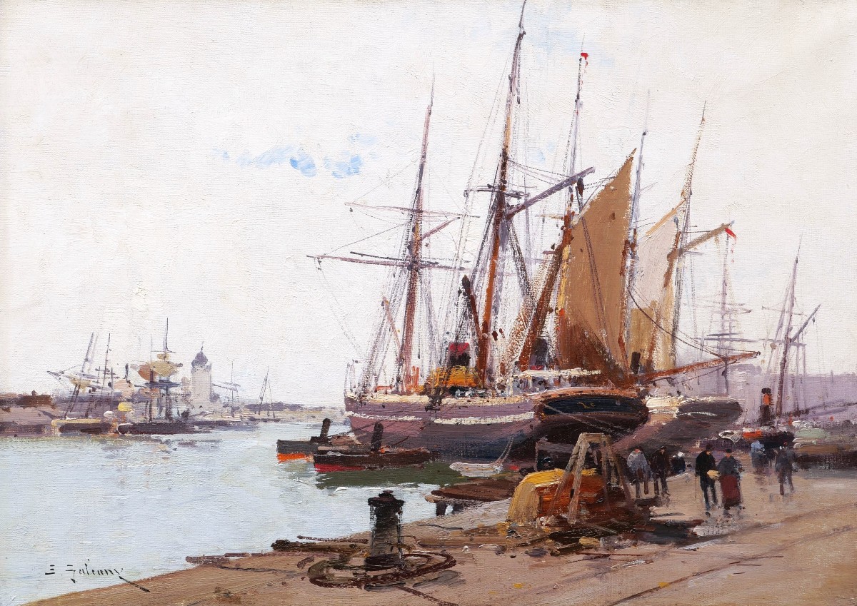 Eugène Galien Laloue, Lively View Of The Port Of Marseille From La Joliette, Marine Painting