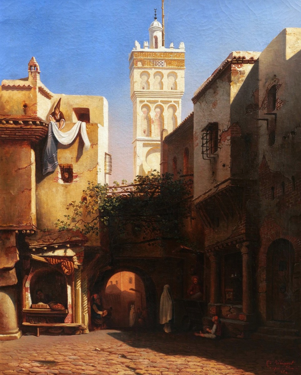 Georgina d'HÉBÉCOURT, d'après Eugène FLANDIN, Paysage d'Alger devant la Mosquée d'Ali Bitchin