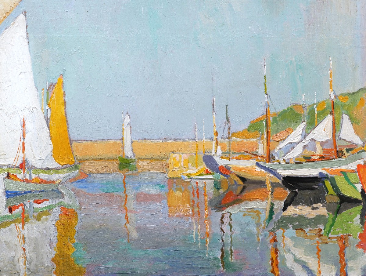 Fernand JEANNEAU, Voiliers dans un port près de Lorient (tableau)-photo-3